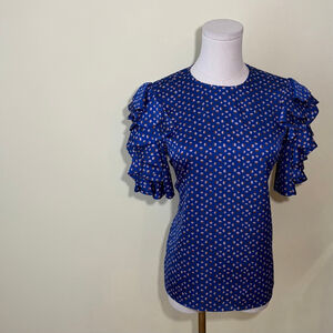 Kate Spade Women’s Geo Dot Crewneck Ruffle Sleeve Satin Top Blue Brown Pink XS